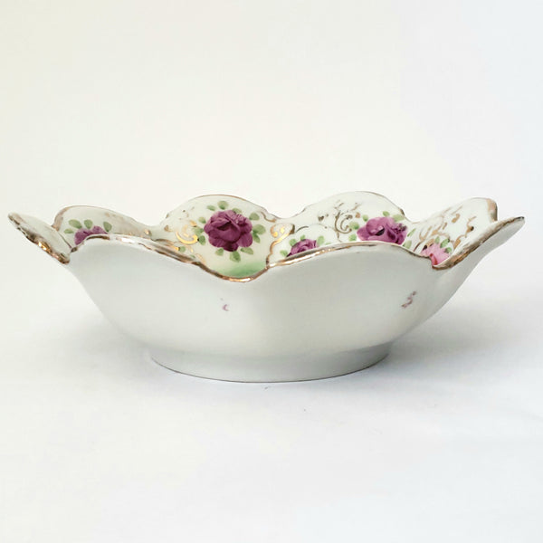 Antique Hand Painted Porcelain Candy Bowl Pink and Purple Floral Scalloped Edge