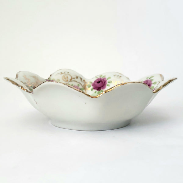 Antique Hand Painted Porcelain Candy Bowl Pink and Purple Floral Scalloped Edge