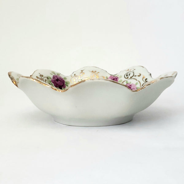 Antique Hand Painted Porcelain Candy Bowl Pink and Purple Floral Scalloped Edge