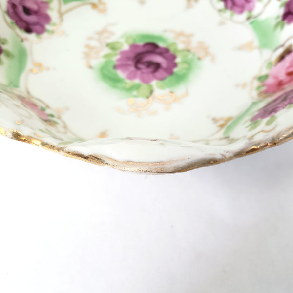 Antique Hand Painted Porcelain Candy Bowl Pink and Purple Floral Scalloped Edge