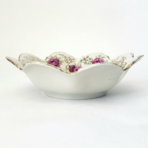 Antique Hand Painted Porcelain Candy Bowl Pink and Purple Floral Scalloped Edge