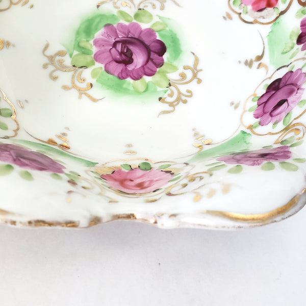 Antique Hand Painted Porcelain Candy Bowl Pink and Purple Floral Scalloped Edge