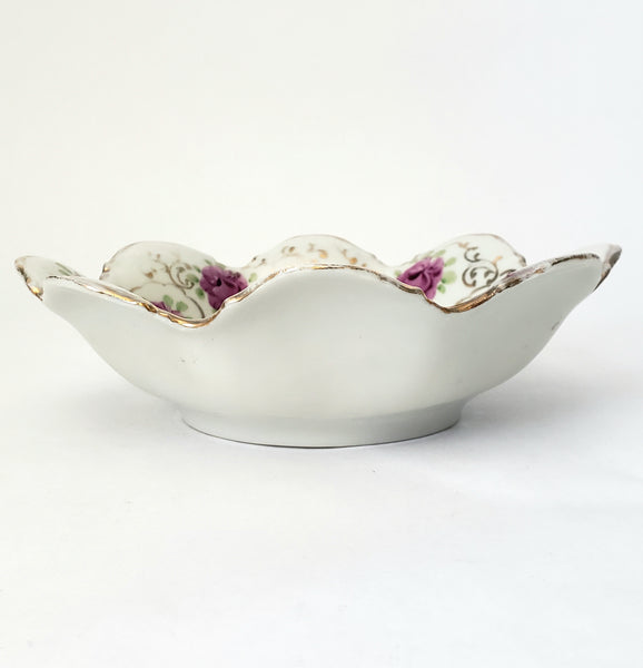 Antique Hand Painted Porcelain Candy Bowl Pink and Purple Floral Scalloped Edge