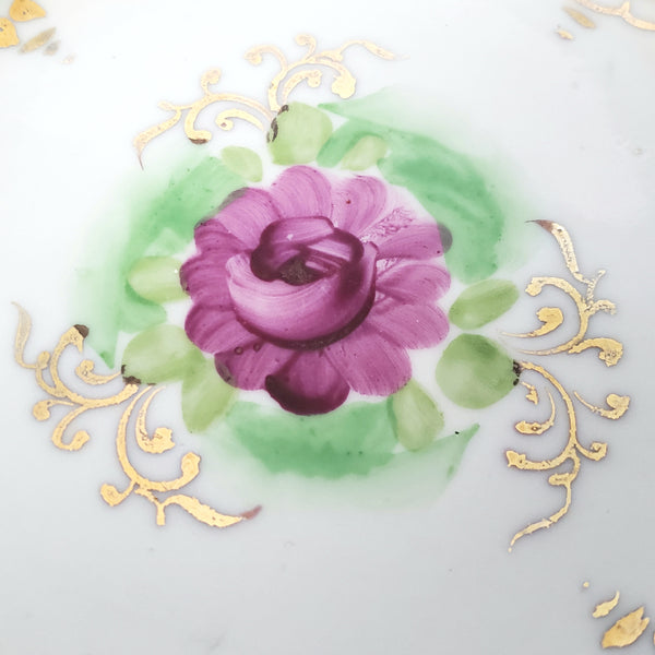Antique Hand Painted Porcelain Candy Bowl Pink and Purple Floral Scalloped Edge