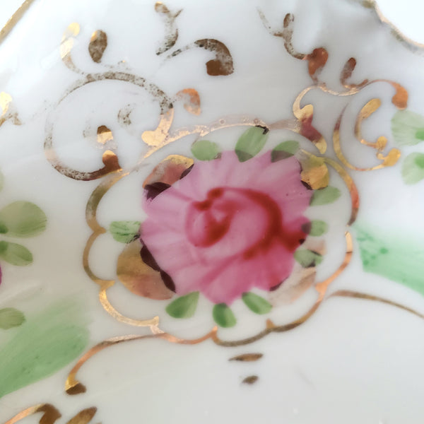 Antique Hand Painted Porcelain Candy Bowl Pink and Purple Floral Scalloped Edge