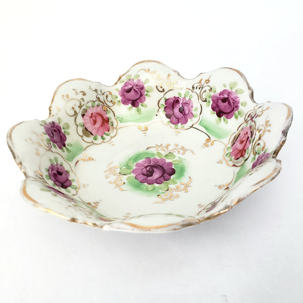 Antique Hand Painted Porcelain Candy Bowl Pink and Purple Floral Scalloped Edge
