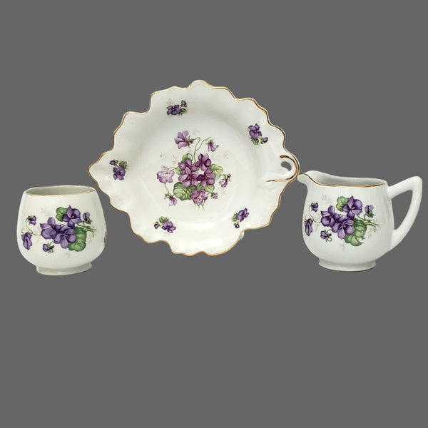 Vintage Porcelain Creamer Open Sugar & Snack Plate Purple Violets by Schumann Germany