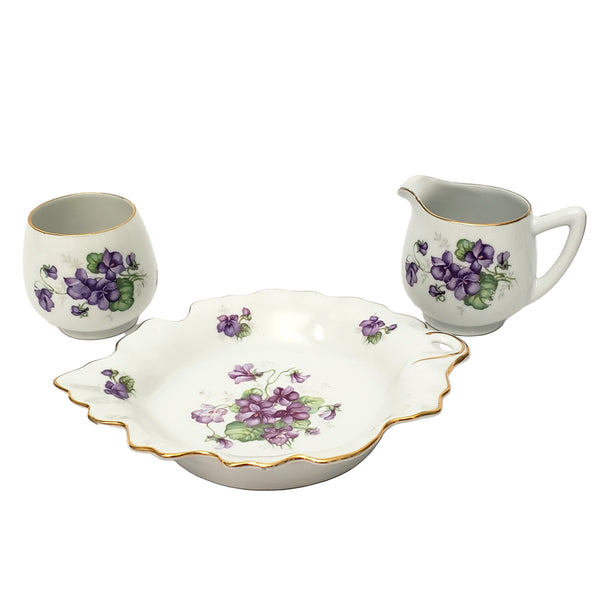 Vintage Porcelain Creamer Open Sugar & Snack Plate Purple Violets by Schumann Germany