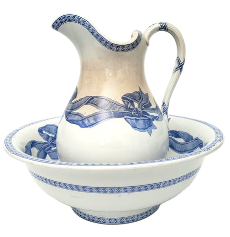 Antique Blue & White Ribbon Pitcher & Wash Basin Set by Copeland Reg. Mark 1861