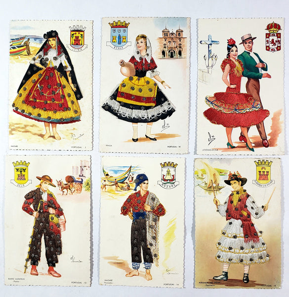 Vintage Hand Embroidered Postcards Portugal Spain Collection of 6