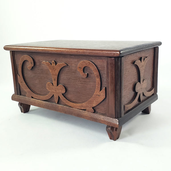 Vintage Wooden Keepsake Chest Box Hinged Lid with Decorative Onlay
