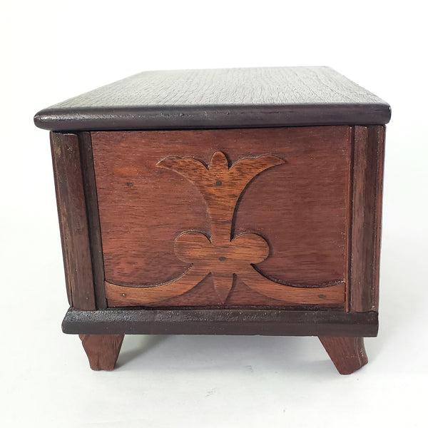 Vintage Wooden Keepsake Chest Box Hinged Lid with Decorative Onlay