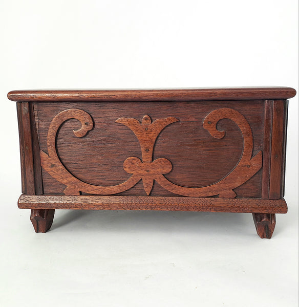 Vintage Wooden Keepsake Chest Box Hinged Lid with Decorative Onlay