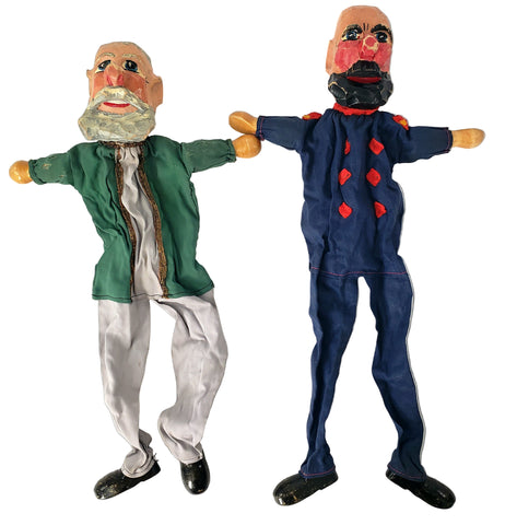 Vintage Hand Carved Wooden German Hand Puppets Two Bearded German Men 1920s-1930s