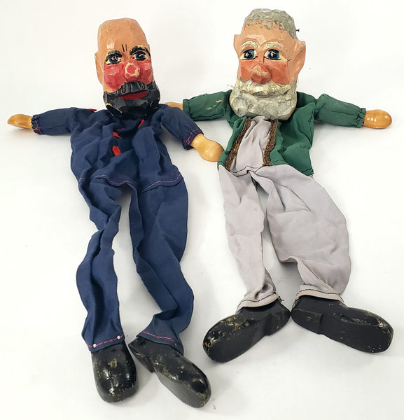 Vintage Hand Carved Wooden German Hand Puppets Two Bearded German Men 1920s-1930s