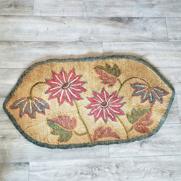 Vintage Hand Hooked Rug Pink & Green Floral Pointed Oval 37 x 19