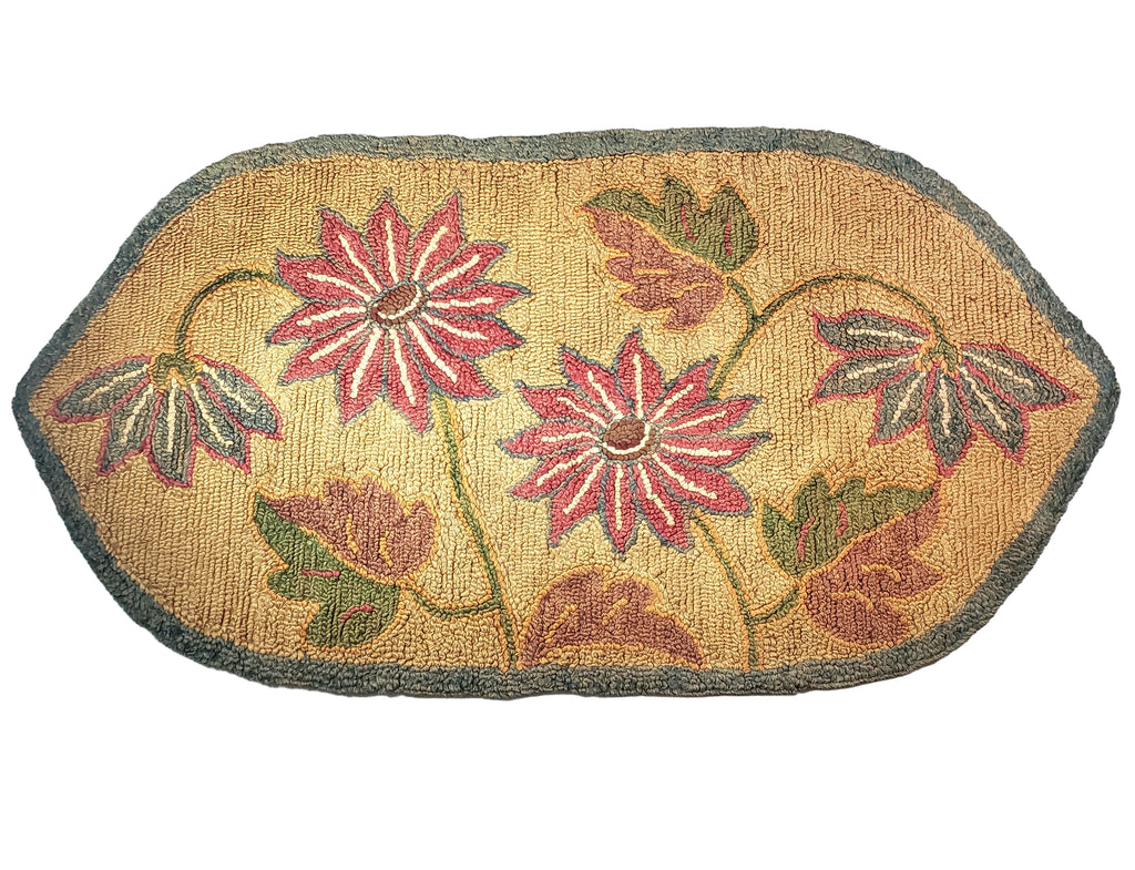 Vintage Hand Hooked Rug Pink & Green Floral Pointed Oval