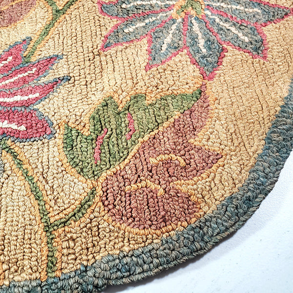 Vintage Hand Hooked Rug Pink & Green Floral Pointed Oval 37 x 19