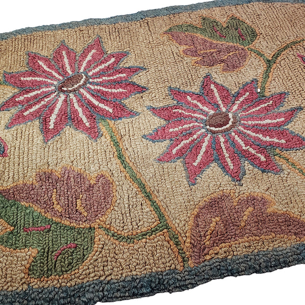 Vintage Hand Hooked Rug Pink & Green Floral Pointed Oval 37 x 19