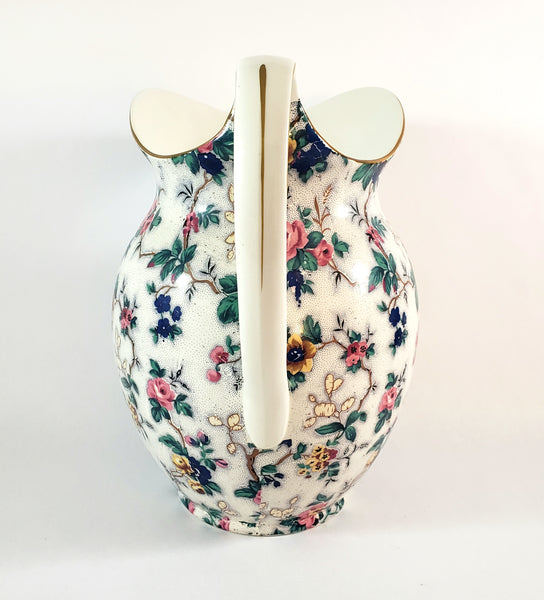 Large Antique English Crown Ducal Ware Chintz Pitcher Ascot Pattern 5 Quart