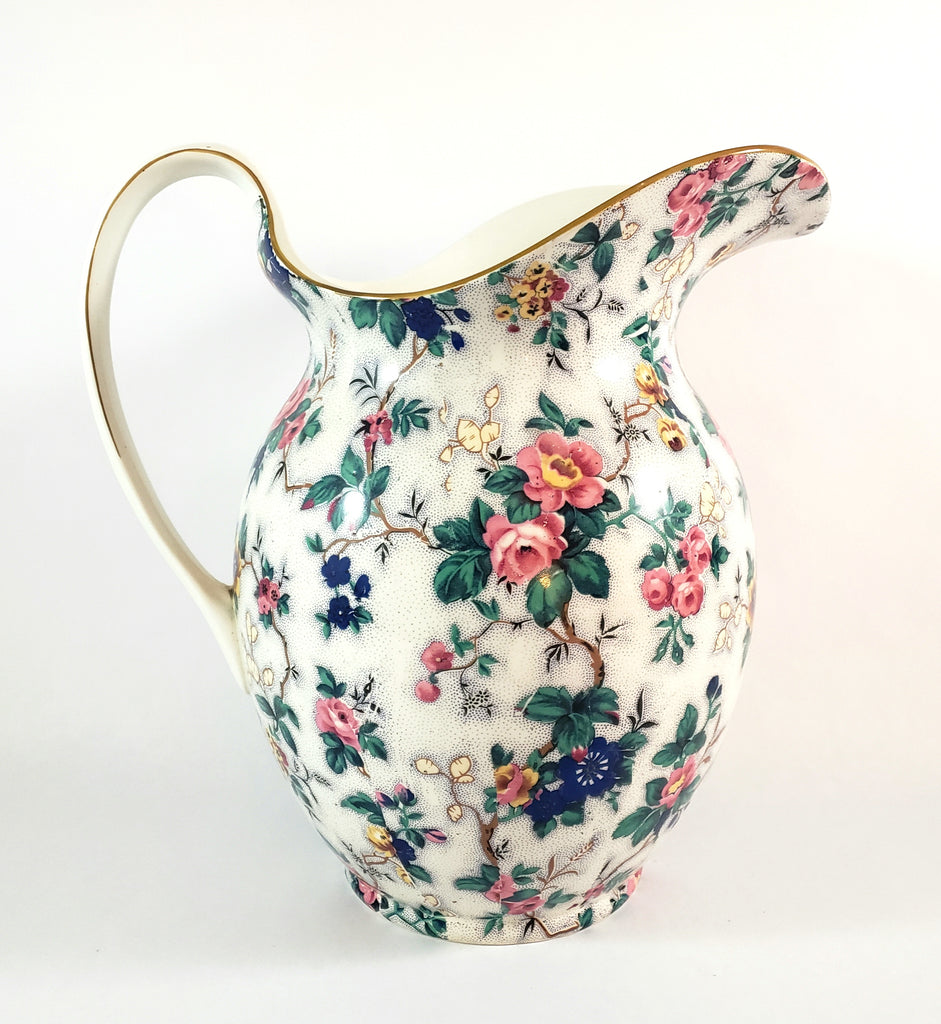 Large Antique English Crown Ducal Ware Chintz Pitcher Ascot Pattern 5 Quart