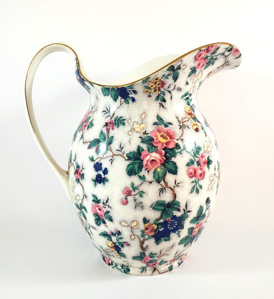 Large Antique English Crown Ducal Ware Chintz Pitcher Ascot Pattern 5 Quart