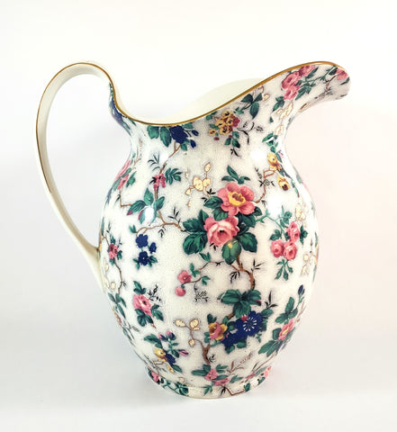 Large Antique English Crown Ducal Ware Chintz Pitcher Ascot Pattern 5 Quart