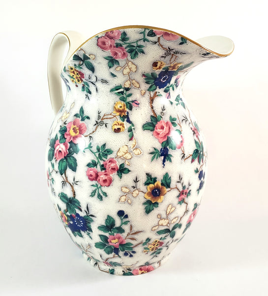 Large Antique English Crown Ducal Ware Chintz Pitcher Ascot Pattern 5 Quart