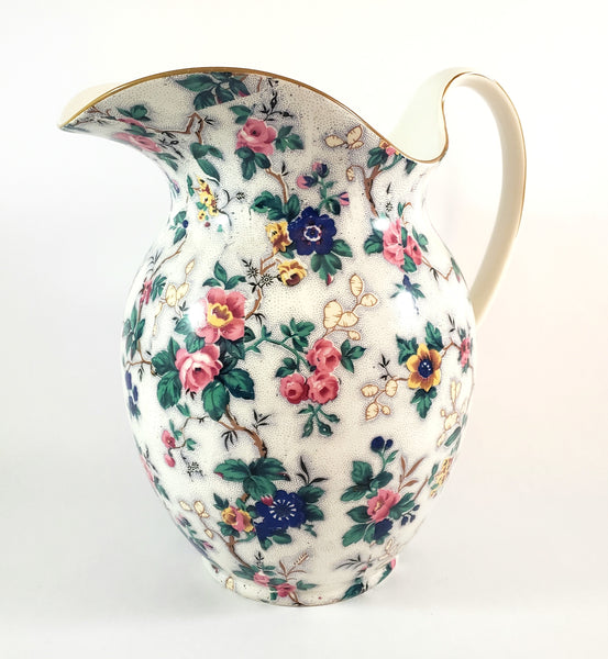 Large Antique English Crown Ducal Ware Chintz Pitcher Ascot Pattern 5 Quart