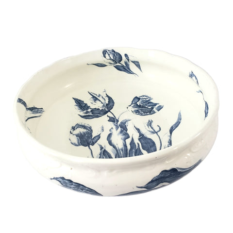 Antique Ceramic Wash Bowl Basin Blue Floral 13 1/2"