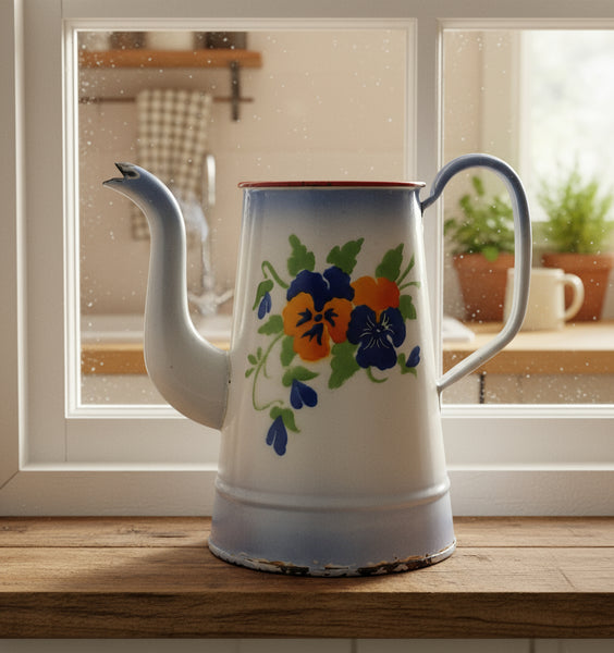 Antique French Enamelware Coffee Pot Gooseneck Spout Pansies No Lid
