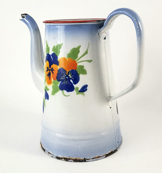 Antique French Enamelware Coffee Pot Gooseneck Spout Pansies No Lid