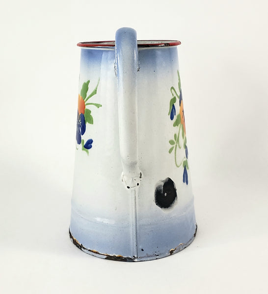 Antique French Enamelware Coffee Pot Gooseneck Spout Pansies No Lid