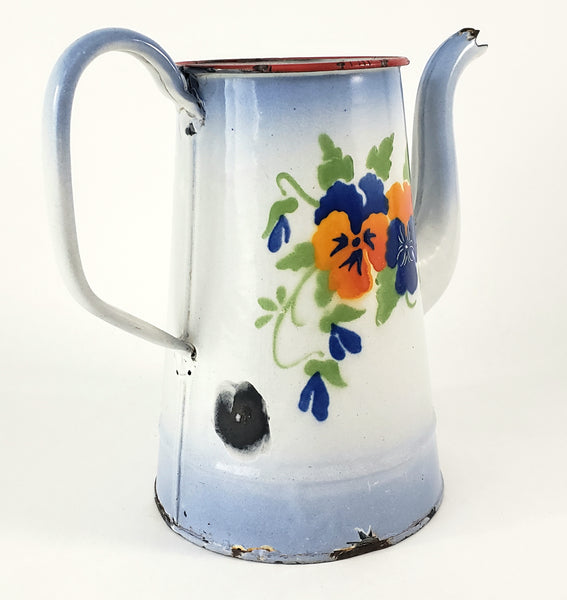 Antique French Enamelware Coffee Pot Gooseneck Spout Pansies No Lid