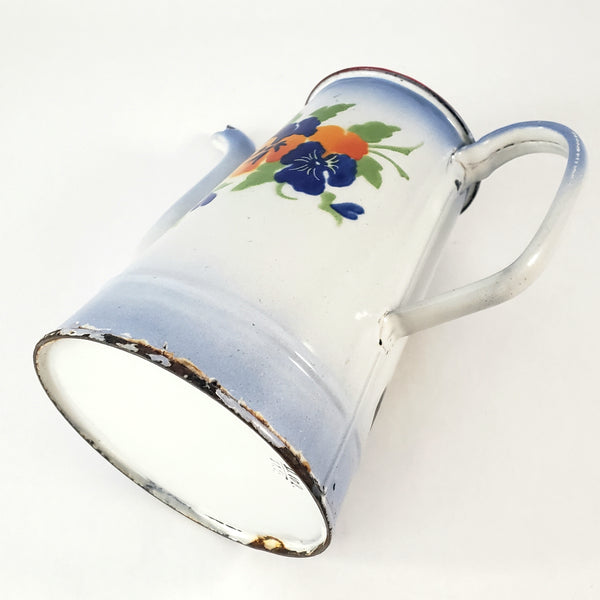 Antique French Enamelware Coffee Pot Gooseneck Spout Pansies No Lid