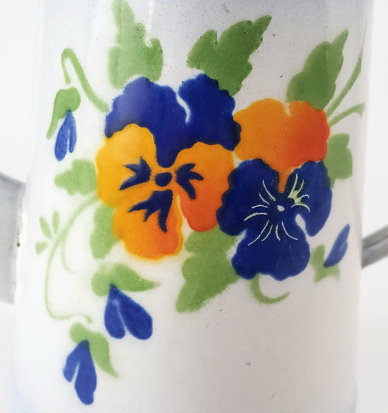 Antique French Enamelware Coffee Pot Gooseneck Spout Pansies No Lid