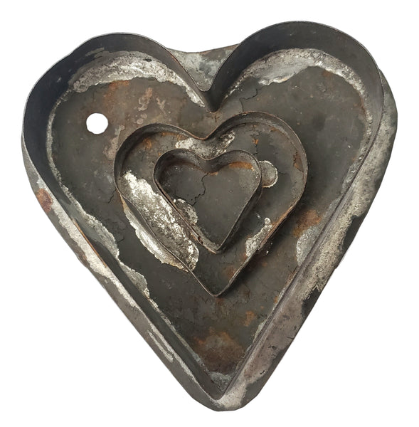 Antique Folk Art Tin Soldered Triple Heart Cookie Cutter Flat Back