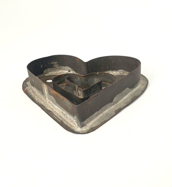 Antique Folk Art Tin Soldered Triple Heart Cookie Cutter Flat Back