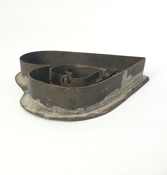 Antique Folk Art Tin Soldered Triple Heart Cookie Cutter Flat Back