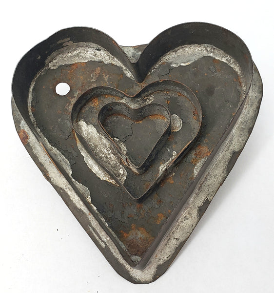 Antique Folk Art Tin Soldered Triple Heart Cookie Cutter Flat Back