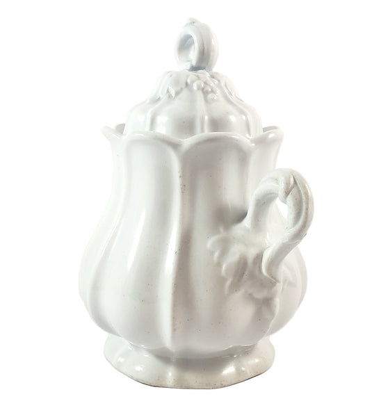 Antique White Ironstone Sugar Bowl with Lid Paneled Grape & Leaf