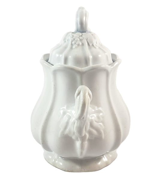 Antique White Ironstone Sugar Bowl with Lid Paneled Grape & Leaf