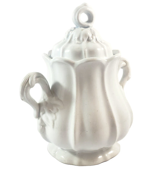 Antique White Ironstone Sugar Bowl with Lid Paneled Grape & Leaf