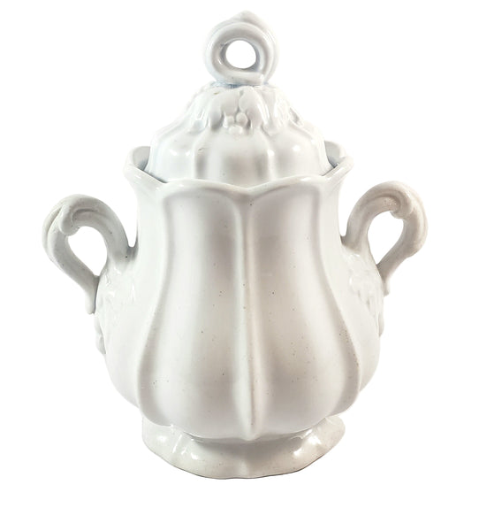 Antique White Ironstone Sugar Bowl with Lid Paneled Grape & Leaf