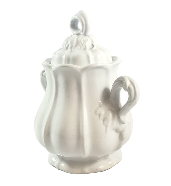 Antique White Ironstone Sugar Bowl with Lid Paneled Grape & Leaf