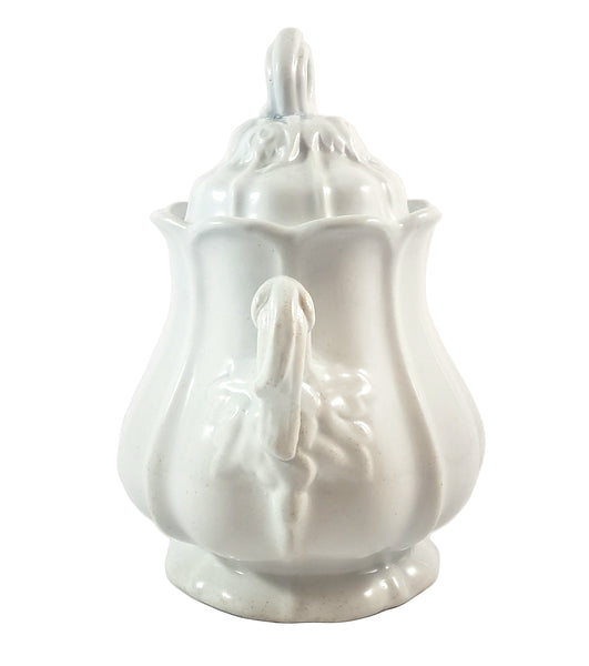 Antique White Ironstone Sugar Bowl with Lid Paneled Grape & Leaf