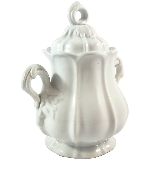 Antique White Ironstone Sugar Bowl with Lid Paneled Grape & Leaf