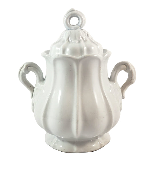 Antique White Ironstone Sugar Bowl with Lid Paneled Grape & Leaf