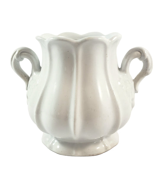 Antique White Ironstone Sugar Bowl with Lid Paneled Grape & Leaf