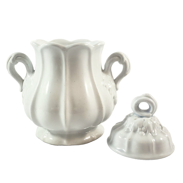 Antique White Ironstone Sugar Bowl with Lid Paneled Grape & Leaf